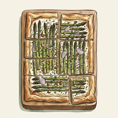 Illustrated depiction of Asparagus and Goat Cheese Tart with Lemon-Thyme Crème Fraîche