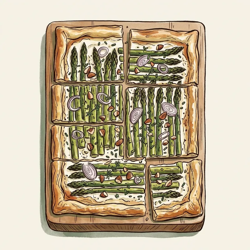 Illustrated depiction of Asparagus and Goat Cheese Tart with Lemon-Thyme Crème Fraîche