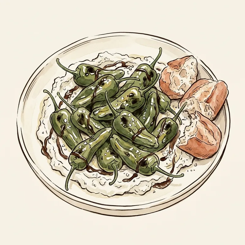 Illustrated depiction of Blistered Padrón Peppers with Whipped Feta & Black Garlic Honey