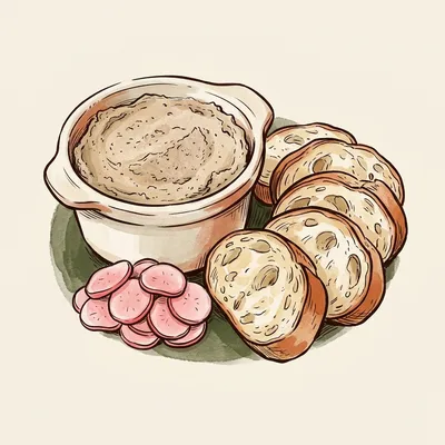 Illustration de Cretons avec baguette croûtée et radis marinés