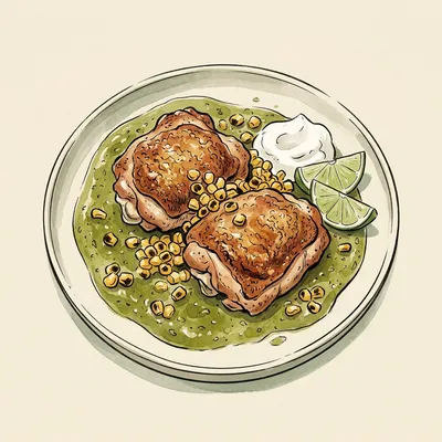 Illustrated depiction of Crisp Chicken Legs with Charred Tomatillo Salsa Verde & Sweet Corn