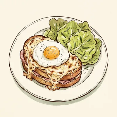 Illustrated depiction of Croque Madame with Butter Lettuce and Chive Salad