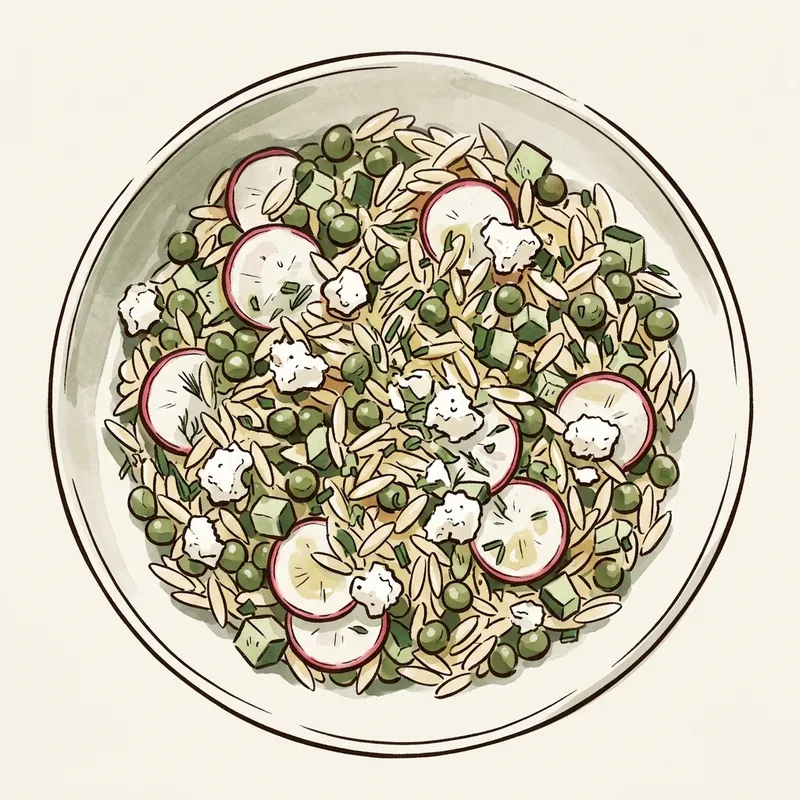 Illustrated depiction of Lemony Spring Orzo Salad with Feta, Peas & Radish