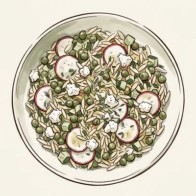 Illustrated depiction of Lemony Spring Orzo Salad with Feta, Peas & Radish