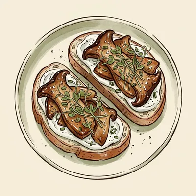 Illustrated depiction of Maple-Glazed Mushroom Tartines with Whipped Sheep's Yogurt