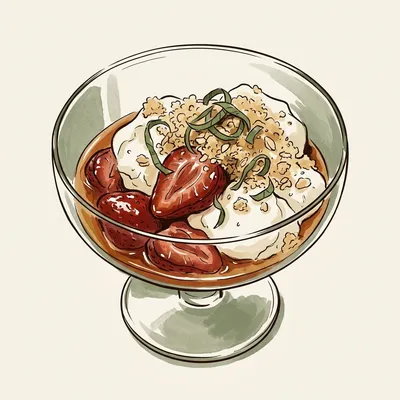 Illustrated depiction of Maple-Roasted Strawberries with Whipped Mascarpone and Almond Crumble