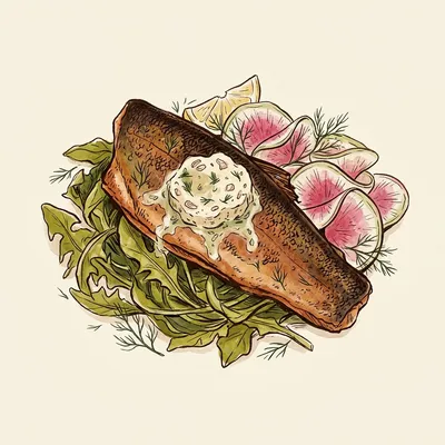 Illustrated depiction of Pan-Seared Trout with Dandelion Greens and Shallot-Dill Butter