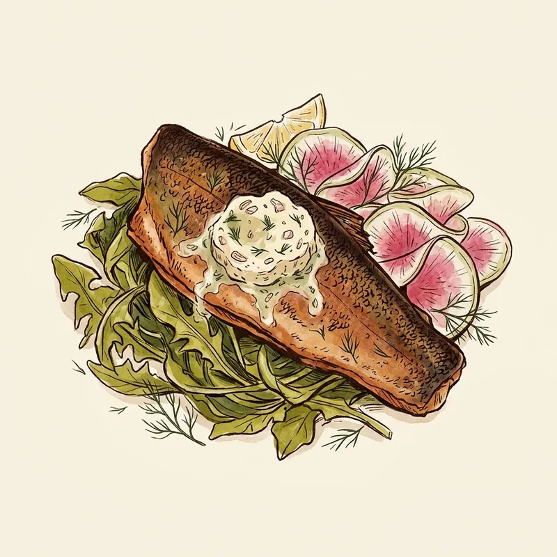 Illustrated depiction of Pan-Seared Trout with Dandelion Greens and Shallot-Dill Butter