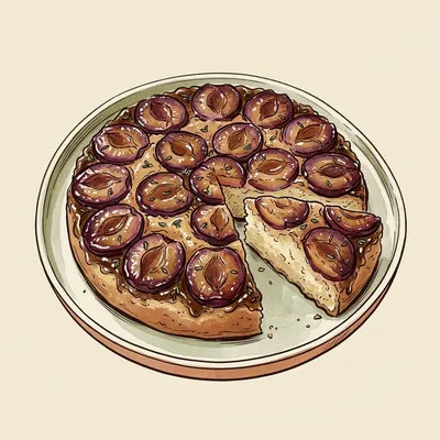 Illustrated depiction of Quebec Plum & Thyme Upside-Down Cake