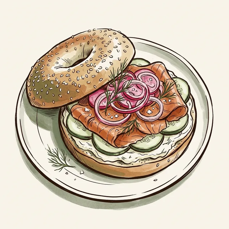 Illustrated depiction of Smoked Salmon Bagels with Lemon-Dill Cream Cheese and Quick-Pickled Radishes