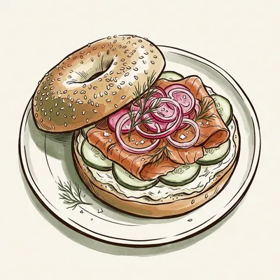 Illustrated depiction of Smoked Salmon Bagels with Lemon-Dill Cream Cheese and Quick-Pickled Radishes