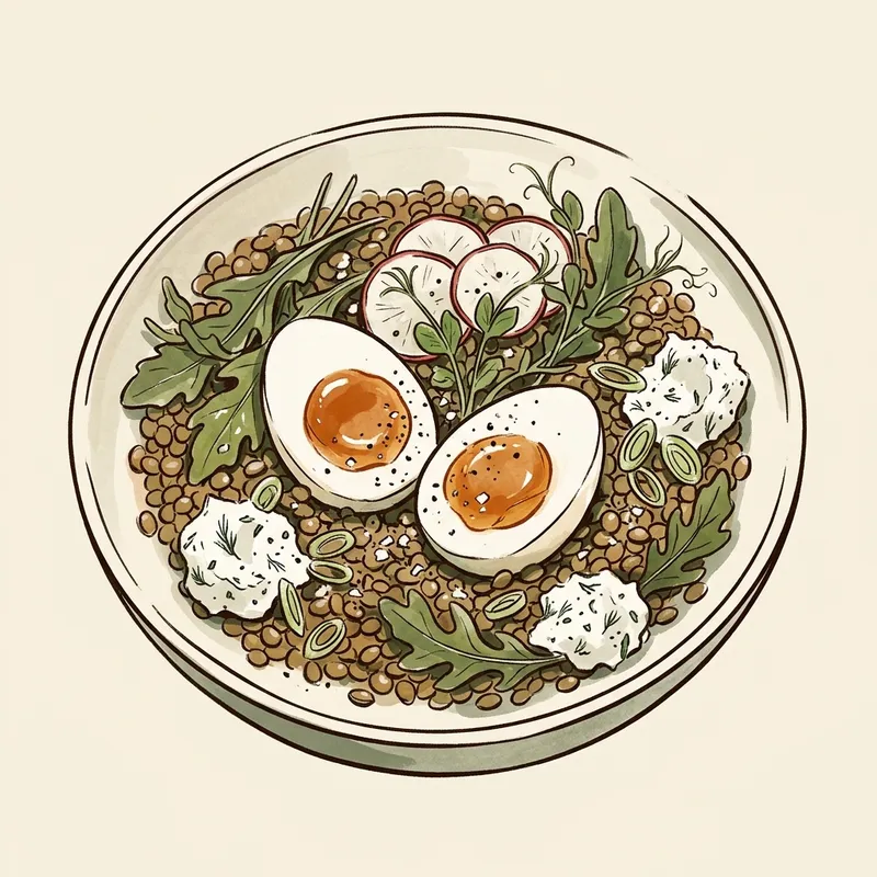 Illustrated depiction of Spring Lentil Bowl with Soft Eggs & Herbed Goat Cheese