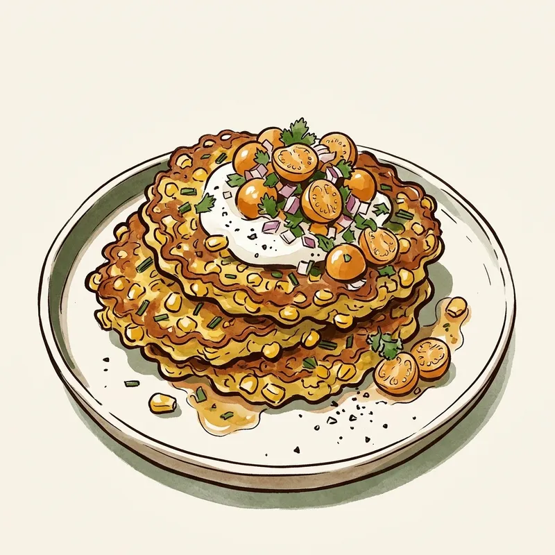 Illustrated depiction of Sweet Corn & Chive Fritters with Ground Cherry Salsa