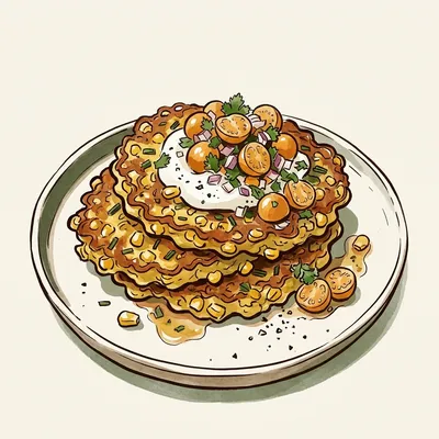 Illustrated depiction of Sweet Corn & Chive Fritters with Ground Cherry Salsa