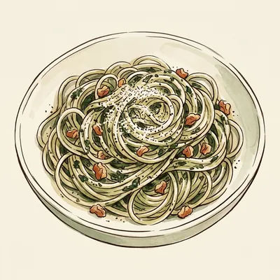 Illustration de Pâtes au pesto zéro gaspillage aux fanes de légumes